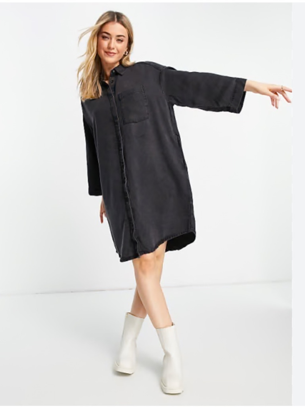 Monki Black Button-Front Cotton Denim Shirt Dress
